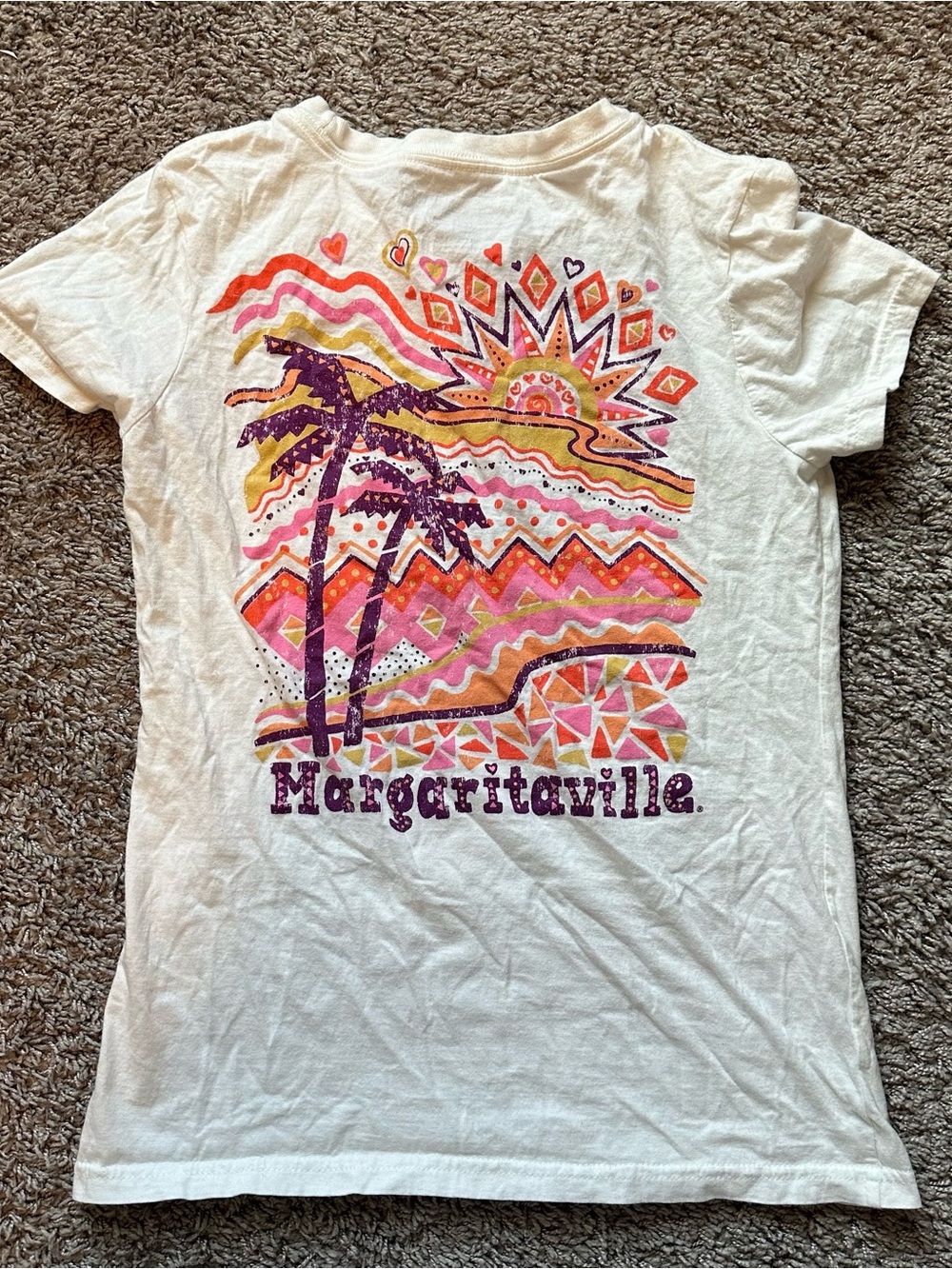 Margaritaville White Tee with Pink, Purple & Orange Sunset Palm Graphic
